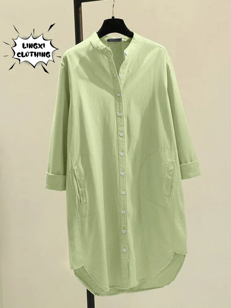 Fashion Elegant Solid Cotton Linen Womens Shirt Single Breasted Round Neck Casual Style Mid Length Shirt 250402