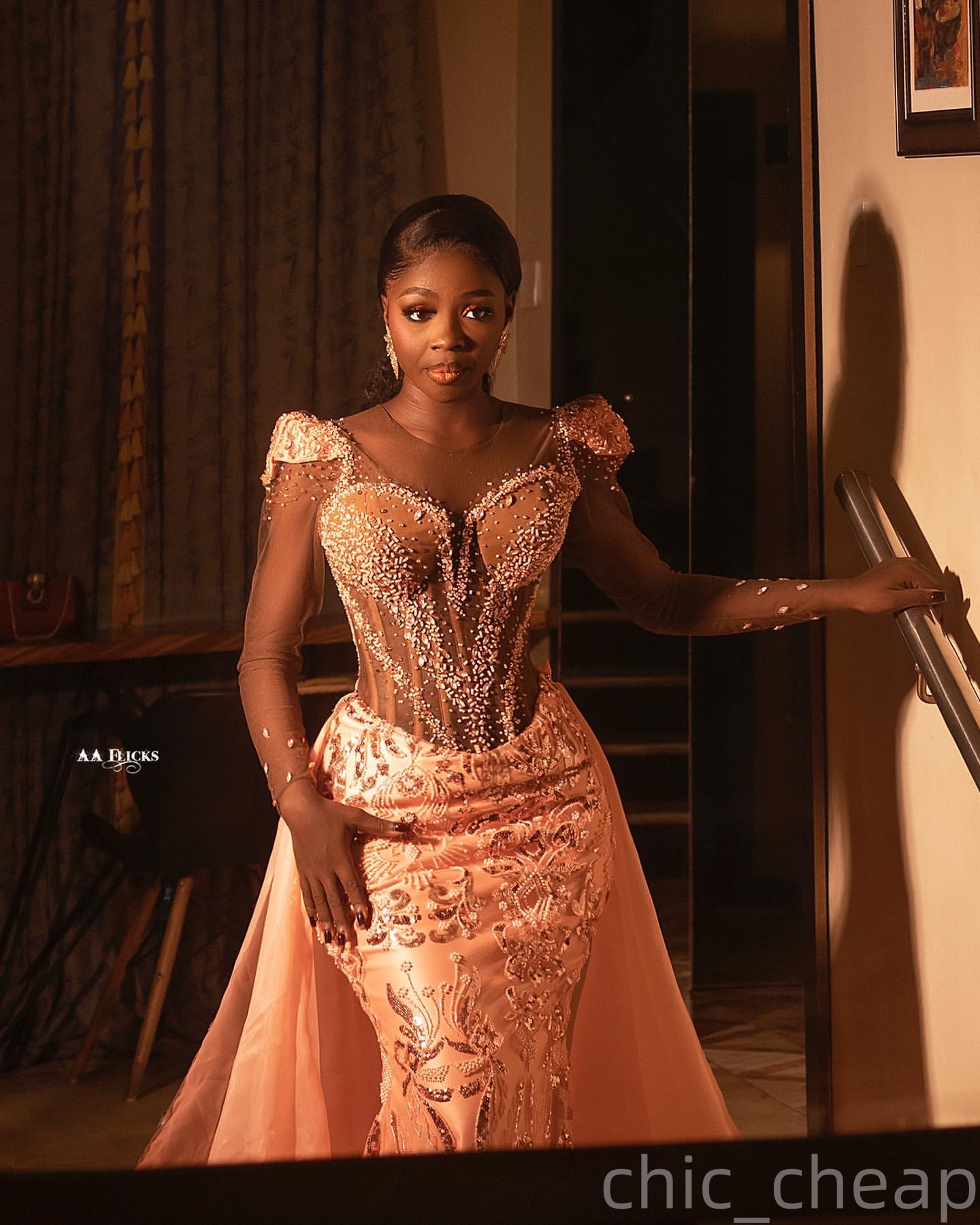 Aso Ebi Peach Mermaid Prom Dresses 2026 Beaded Detachable Train Sparkly Evening Formal Party Second Birthday Engagement Gowns Plus Size Dress For Spec