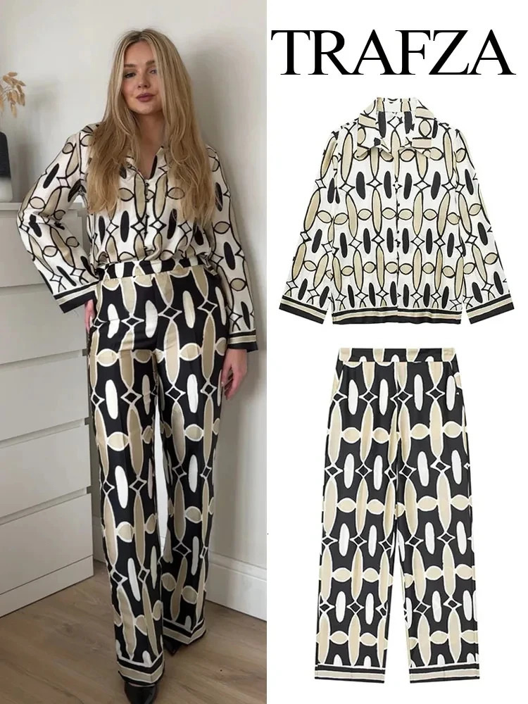 TRAFZA Spring Womens Geometric Printed Collar Long Sleeve Shirt 2piece Set with Side Pocket Casual High Waist Wide Pants 250313