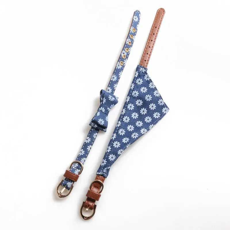 Blue dog collar pet cat bib bandage flower neck strap leather denim bow suitable for small and medium-sized Perro Teddy Chihuahua Spitz M250407