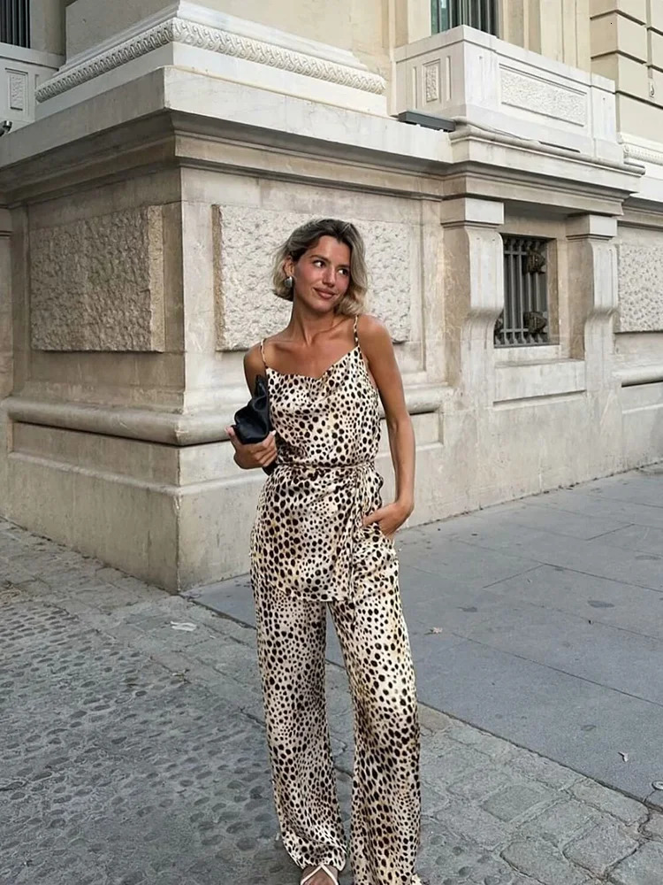 TRAF Womens Animal Printed Tie Embossed n Cami TopHigh Waist Wide Leg Straight Pants Fashion Two Piece Set 250407