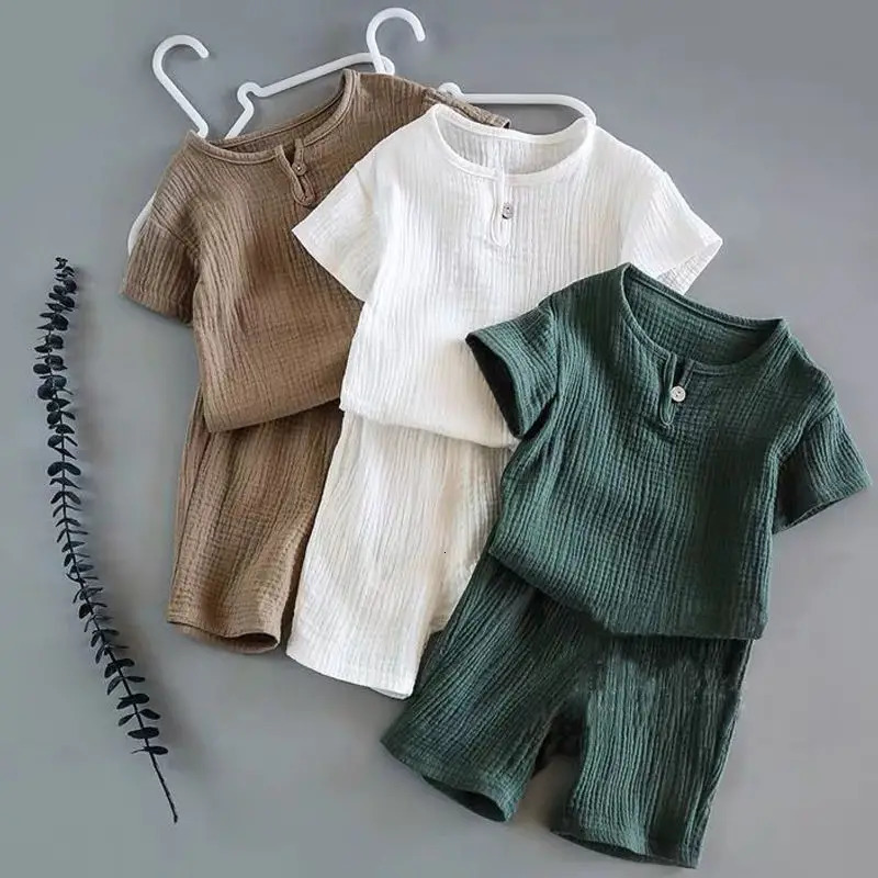 Summer Childrens Clothing Set for 0-7Y Boys Girls Cotton Linen Muslin Suit T-shirt Tops Shorts 2pcs Baby Loungewear Outfit 250407