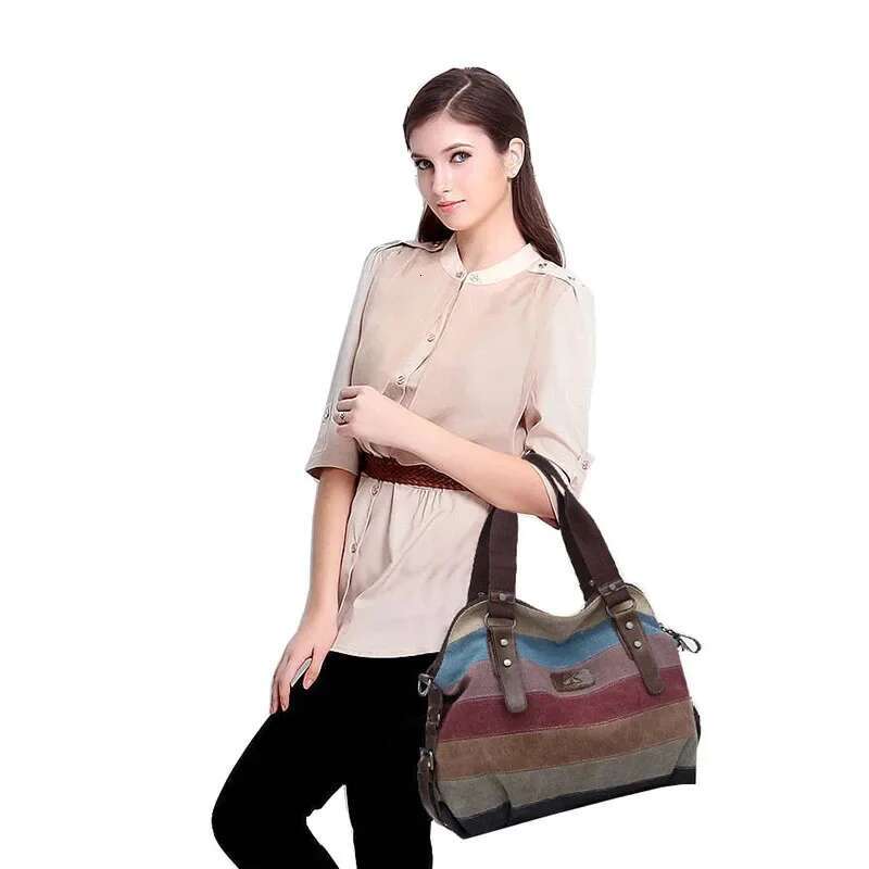 Canvas Women Handbag Striped Patchwork Shoulder Bag Famous Brand Handbags Large Tote Messenger Crossbody Rainbow S Xa274c