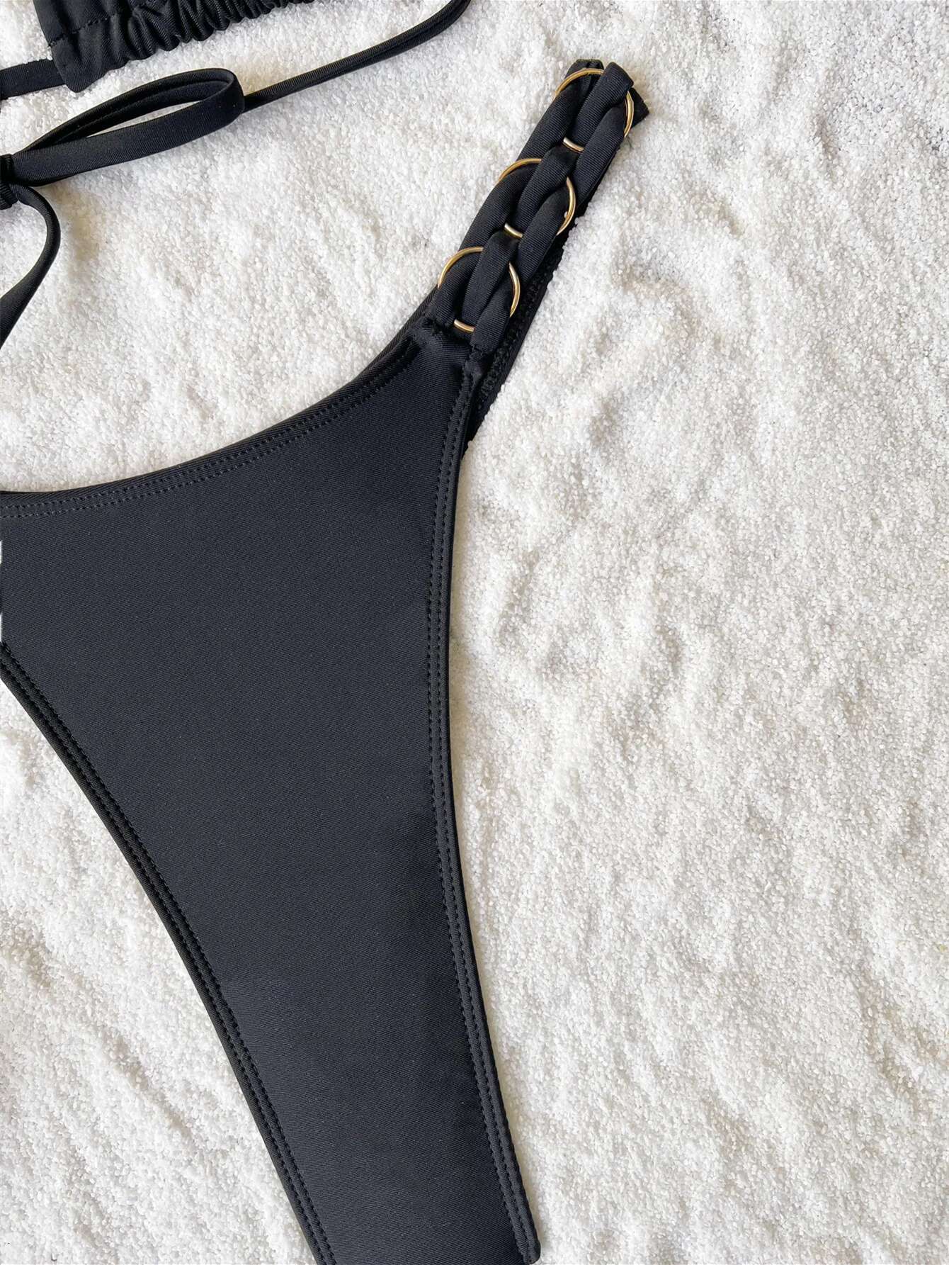 Dongdumaoyi Solid Color Black Two Piece Swimwear For Women Weaving Straps Ring Bikini High Waist Halter Backless Swimsuit Bathing Suit