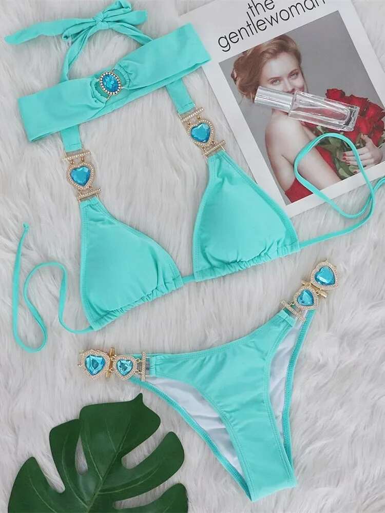 Dongdumaoyi Sexy Rhinestones Bikini Set Women Red Pink Glitter Diamond Metal Chain Thong Swimwear Bathing Suit Band Piece Swimsuit