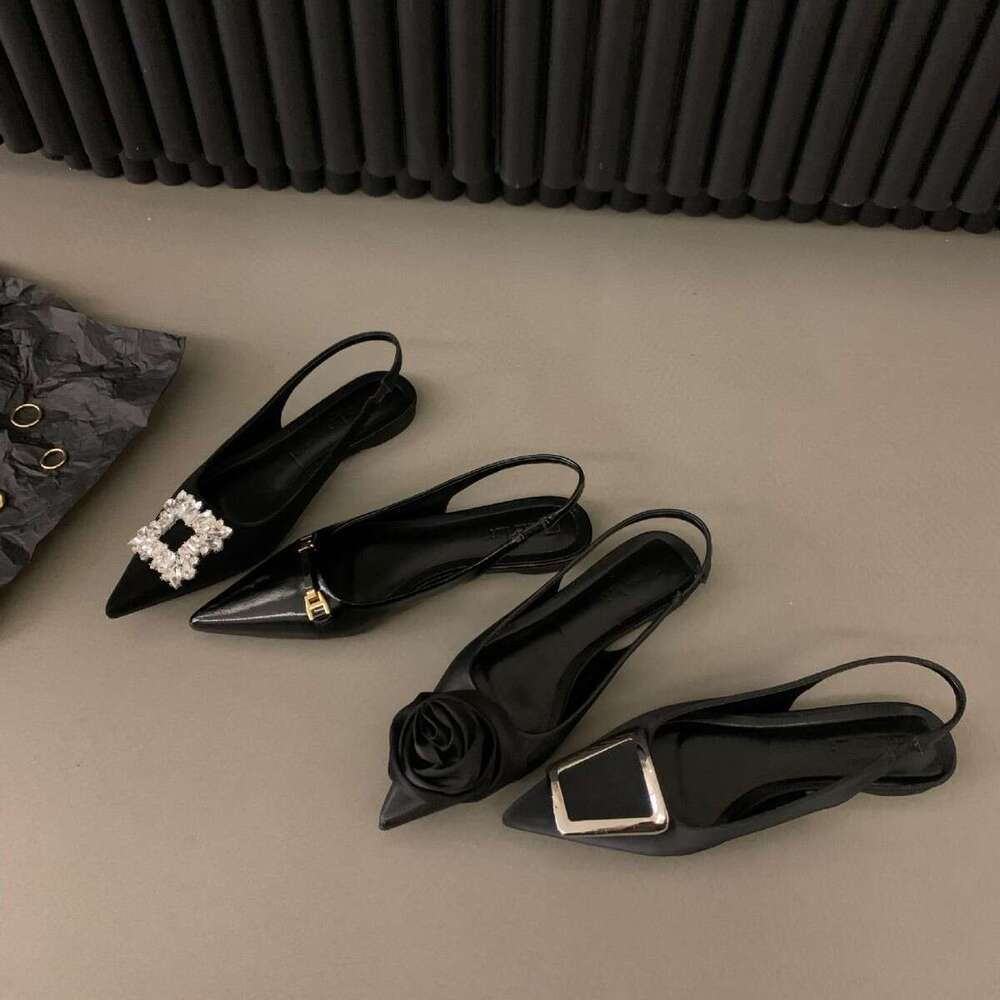 French Style Flat Black Peep-Toe Sandals Fairy 2025 New Spring Summer Pointed Toe Free shipping Rhinestone Elegant Single Shoes