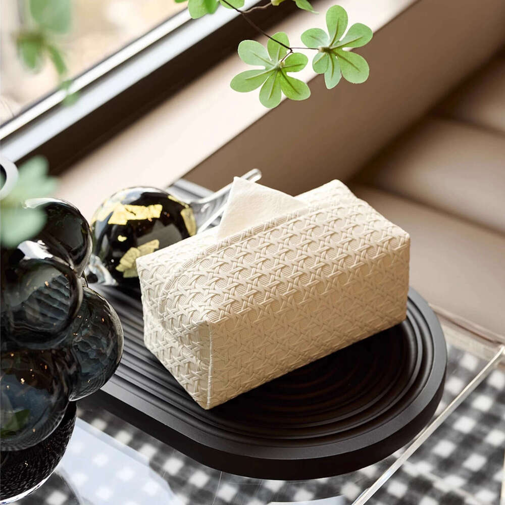 High-end Light Luxury Rattan Pattern Waterproof Leather Storage for Living Room Bedroom Car Large Capacity Tissue Box