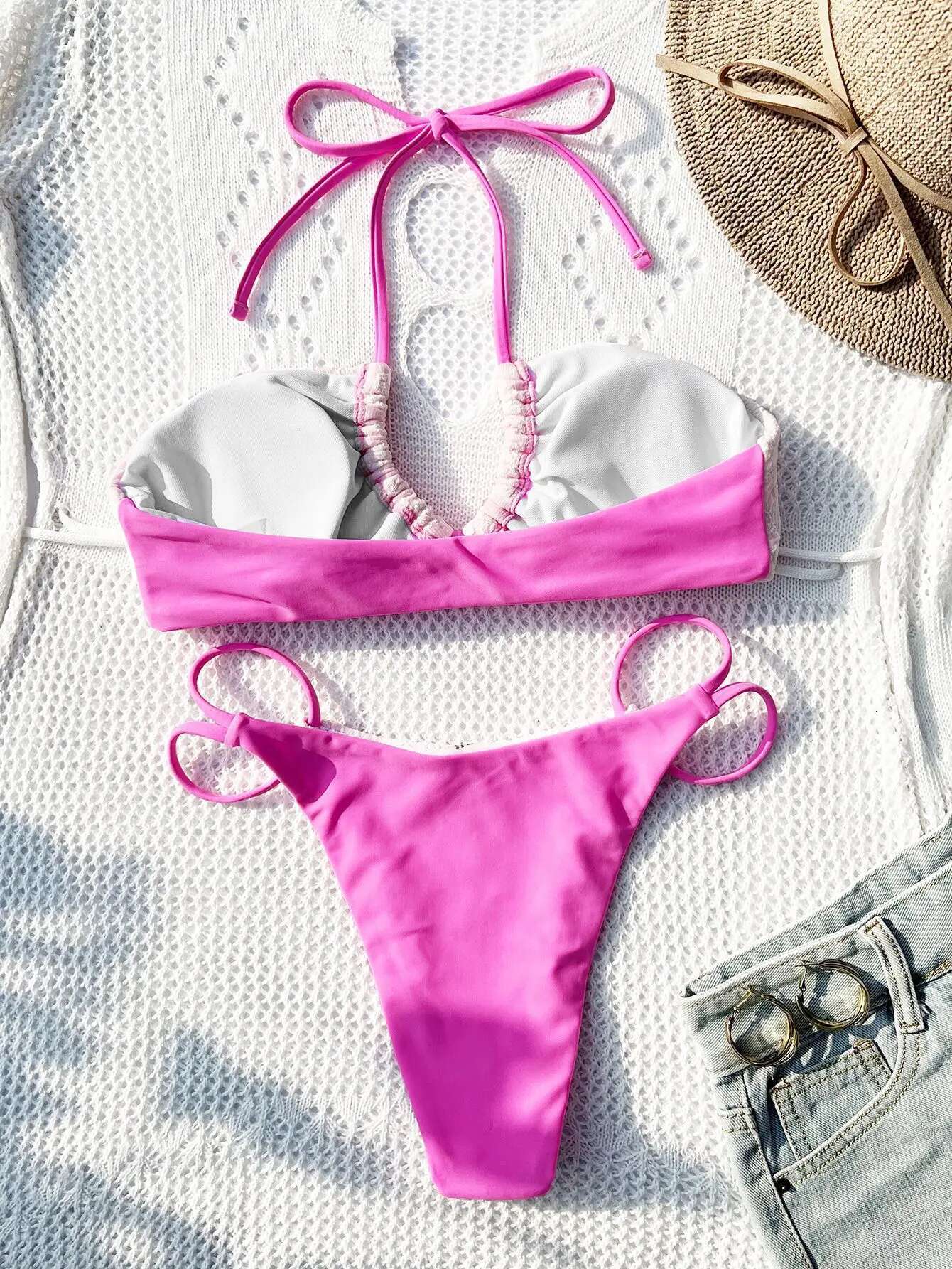 Dongdumaoyi Sexy Pink Contrast Bikini Women Front Tie Lace Crochet Flower Push Up Micro Swimsuit Brazilian Bathing Suit Thong Swimwear