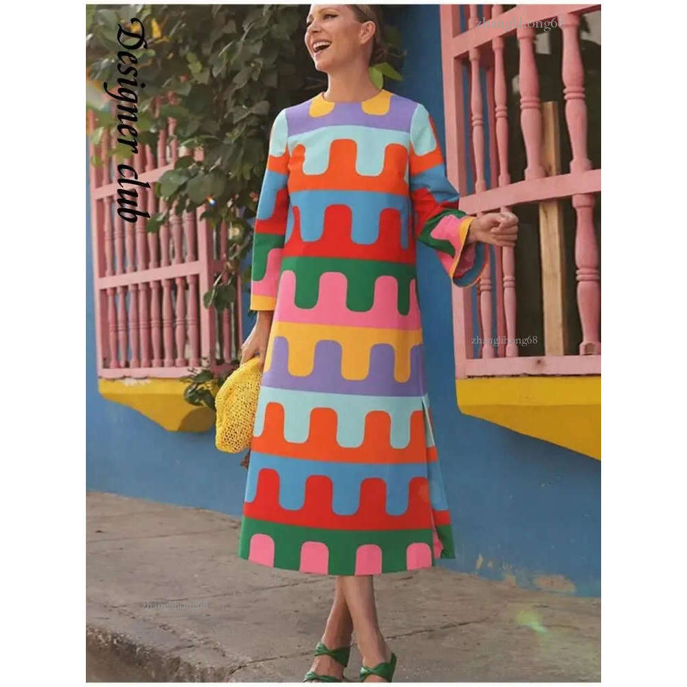 Elegant Rainbow Printed Women's Split Midi Dress Fashion O Neck Long Sleeved Robe 2023 Autumn Female Causal Loose Vestidos 231220