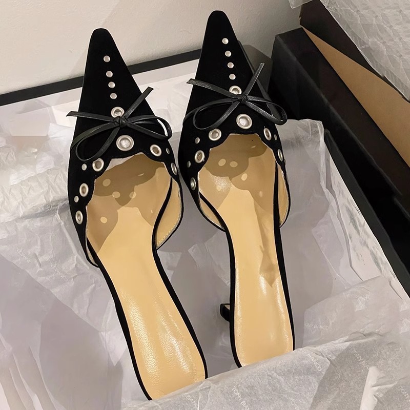 Women Bow Tie Heeled Mules Studs Pumps Pointy Kitten Heel Dress Heels Pointed Toe Dress Trendy Elegant Office Lady Shoes 250228