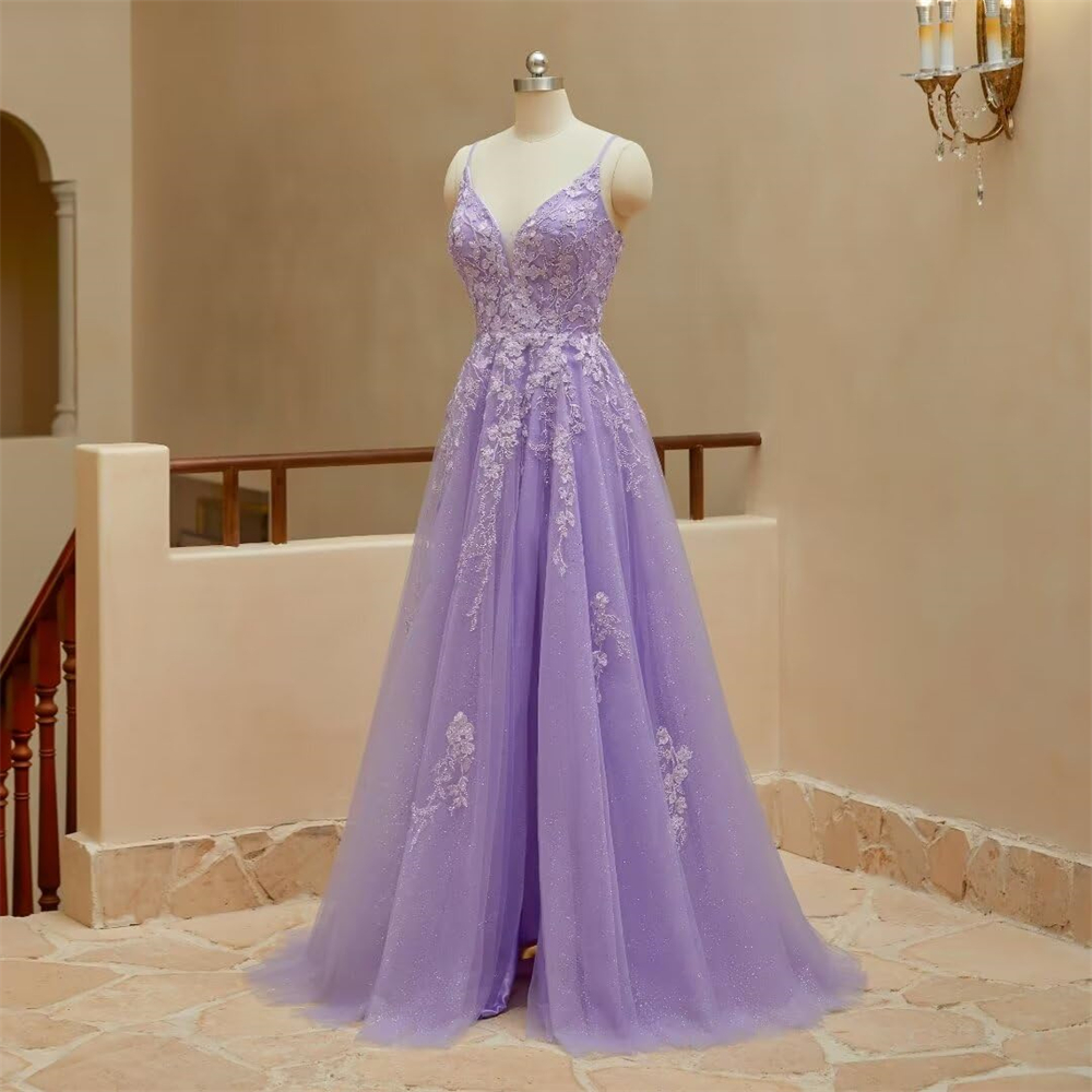 Long Prom Dresses Elegant Spaghetti Deep V-Neck Appliques Beading Split Backless Tulle A-Line Lace-up Plus Size Formal Occasion Evening Party Gown Pd1