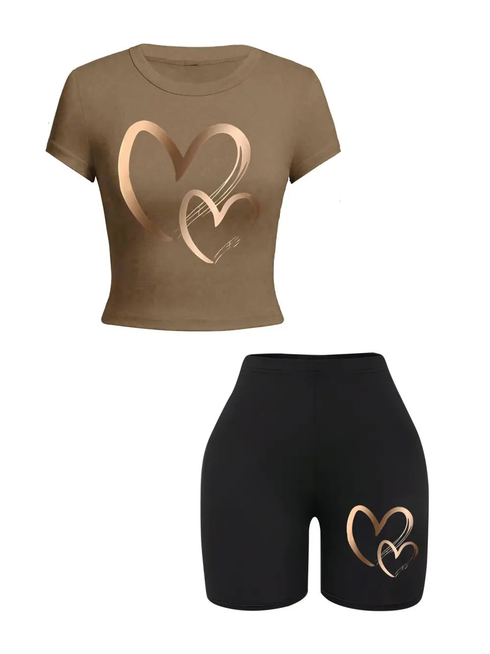 Summer womens slim fit T-shirt and shorts 2-piece set simple heart-shaped pattern printed crop top fashionable high elasticity soft clothing 250402