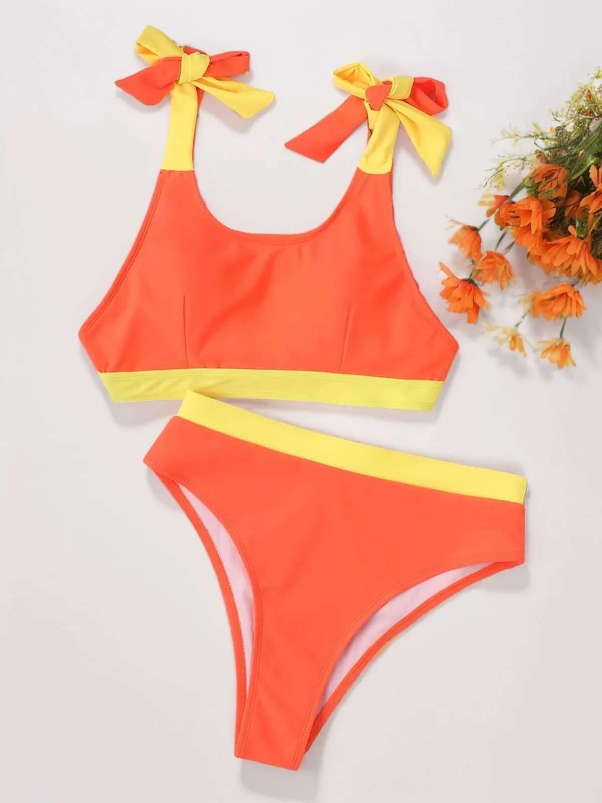 Dongdumaoyi Orange Two Piece Swimsuit For Women New Suspender Backless Bikini Set High Wasit Beach Vacation Bathing Suit Swimwear