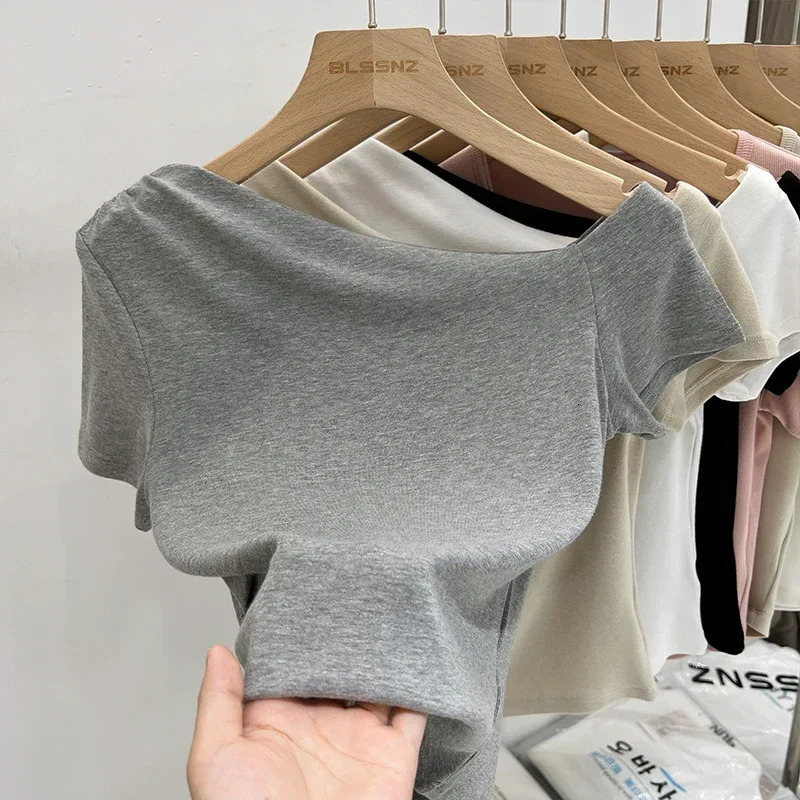 AOSSVIAO Womens Long Sleeve Shoulder Tshirt Tight Knitted Sexy Slimming Casual Basic Top Cutting 250407