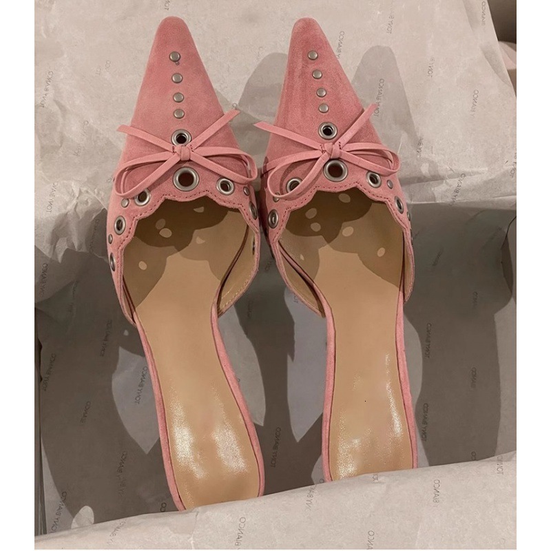 Women Bow Tie Heeled Mules Studs Pumps Pointy Kitten Heel Dress Heels Pointed Toe Dress Trendy Elegant Office Lady Shoes 250228