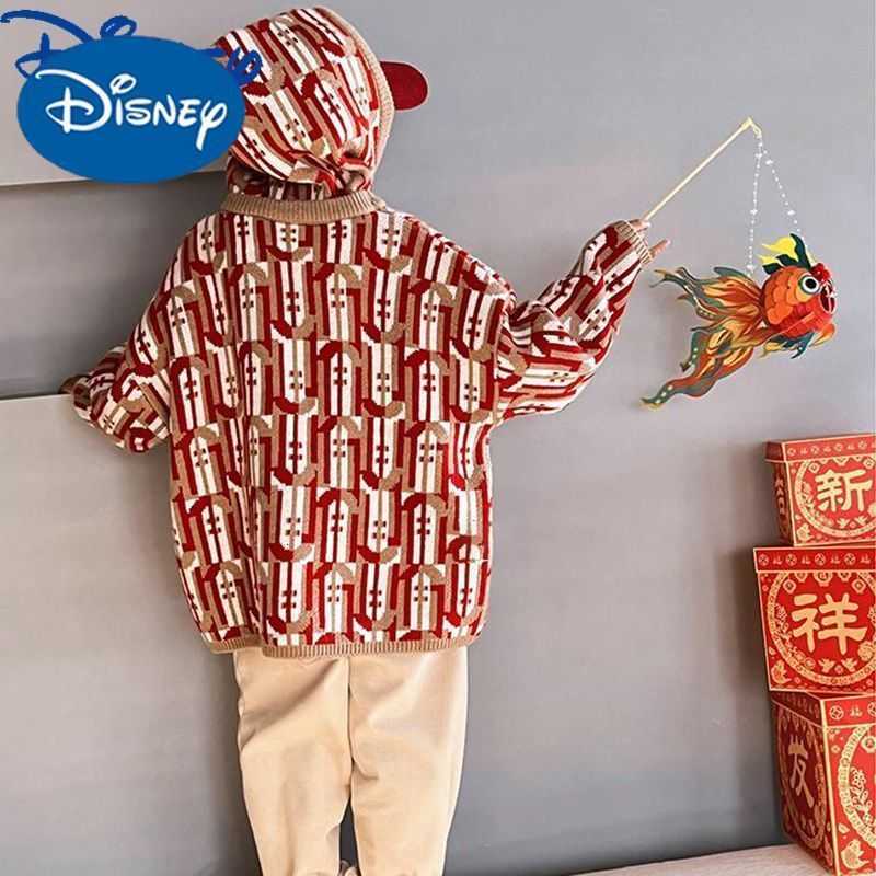 Disney Red 2025 New Year Childrens New Sweater Korean Style Winter Big Kids Crew Neck Base Shirt Boys H251107