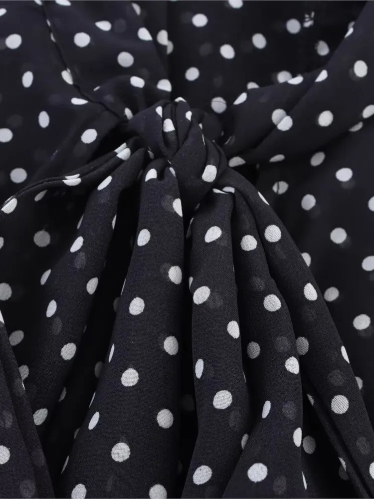 Open top shirt with tie womens casual Vneck lightweight polka dot long sleeved and blouse 250407