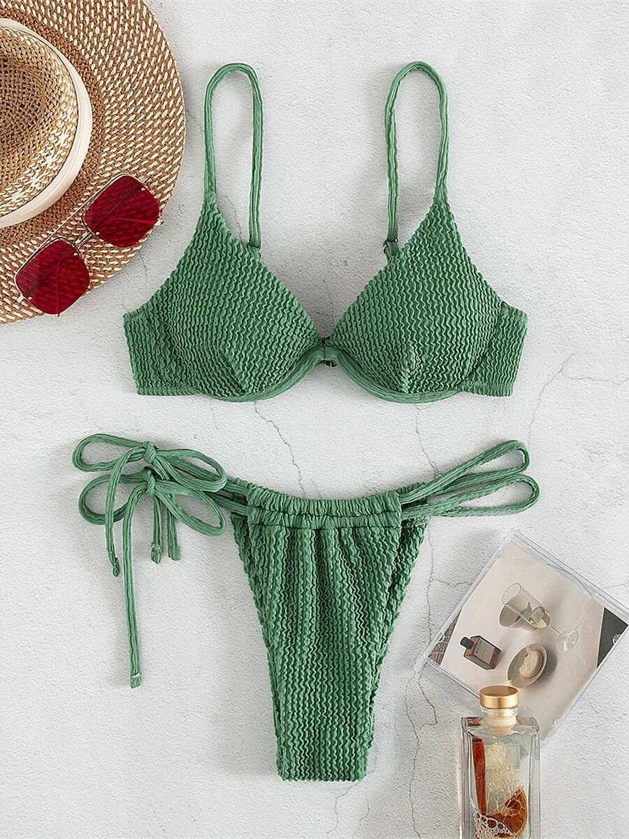 Dongdumaoyi Sexy Brown Bikini Women Push Up Underwire Ribbed Micro Swimwear Brazilian Cut Out Bathing Suit Tie Side Thong Swimsuit