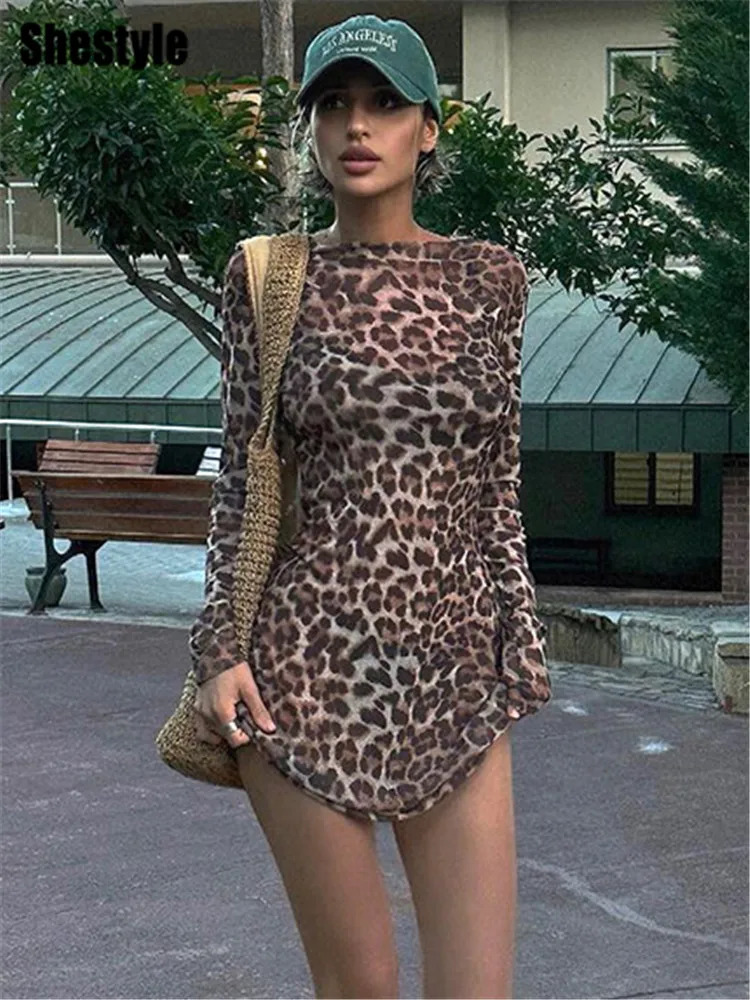 Shestyle Leopard sexy A-Line dress womens two-piece mesh set showcasing the super street animal print style through fashion 250401