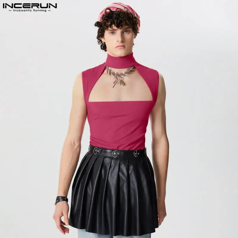 INCERUN Tops American Style Mens Sexy Hollow Knitted Tank Top Mens Street Clothing Elastic Half High Neck Sleeveless Tank Top S-5XL 250403