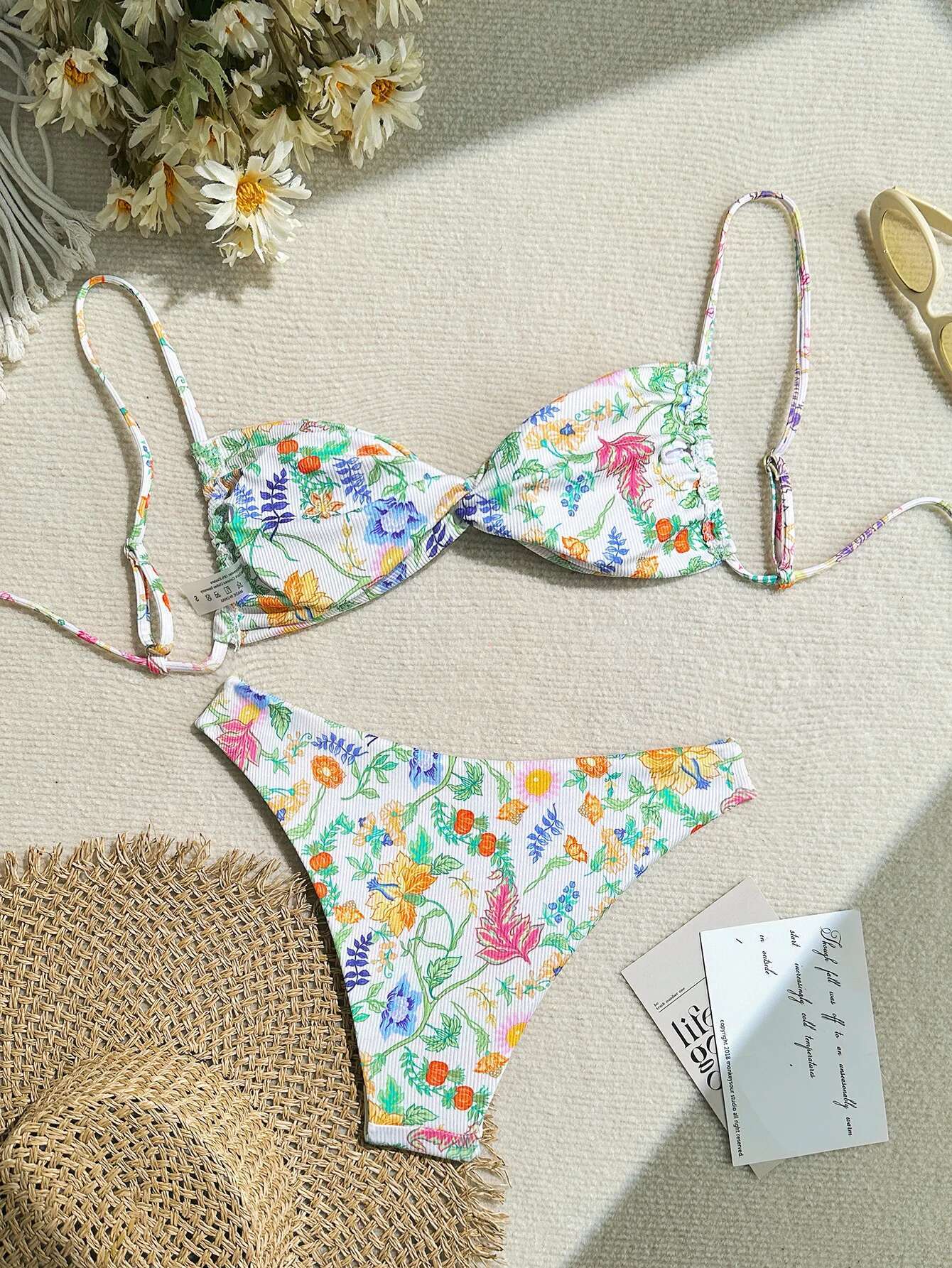 Dongdumaoyi Women Pink Floral Print Bikini Swimsuit Sexy Front Bow Push Up Micro Swimwear Brazilian Beach Bathing Suit Thong Bikinis