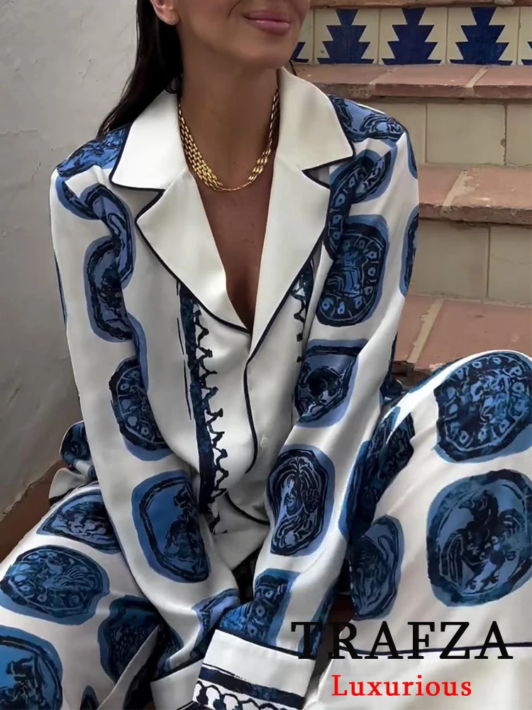 TRAFZA Retro Casual Printed Womens Set Single Chest Vneck ShirtLoose Wide Leg Pants Fashion Autumn 250313