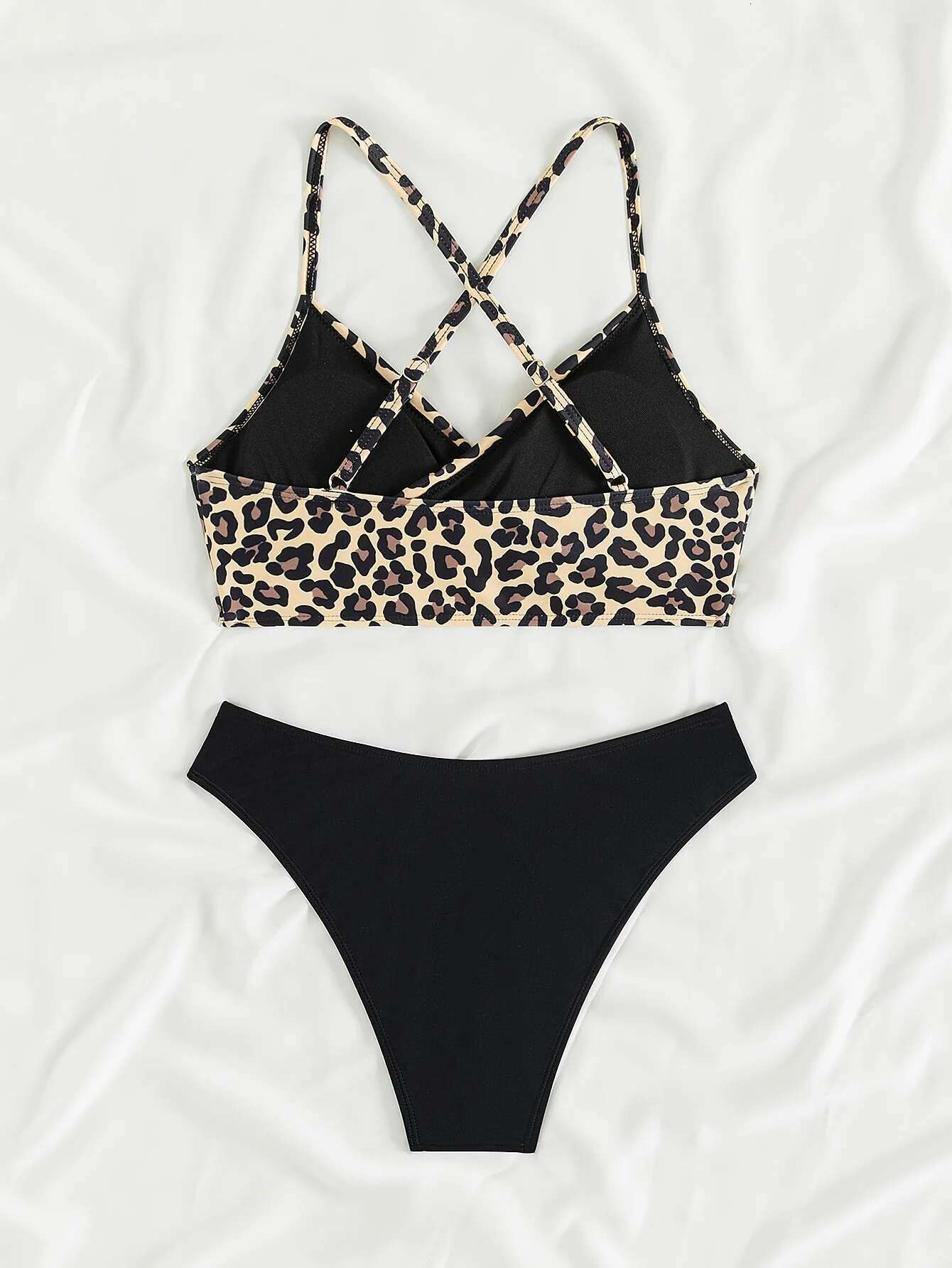 Dongdumaoyi Sexy Leopard Print Cross Bikini Set Women Halter Push Up Black High Waist Swimsuit Summer Bathing Suit Two Piece Swimwear