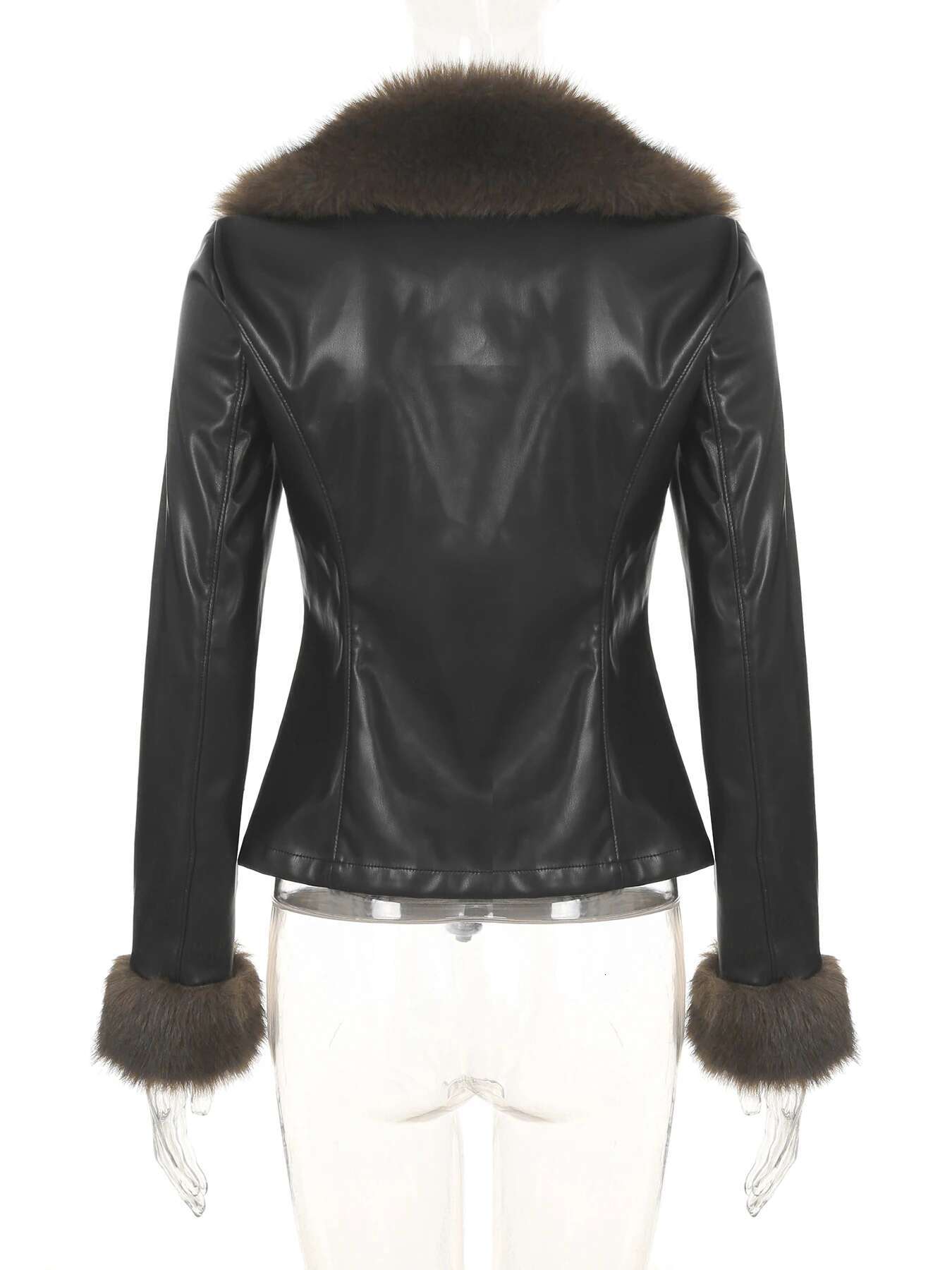 IAMSURE Casual Patchwork Fur Trim Pu Leather Jackets Slim Turn-Down Collar Single Button Long Sleeve Coats Women 2024 Winter