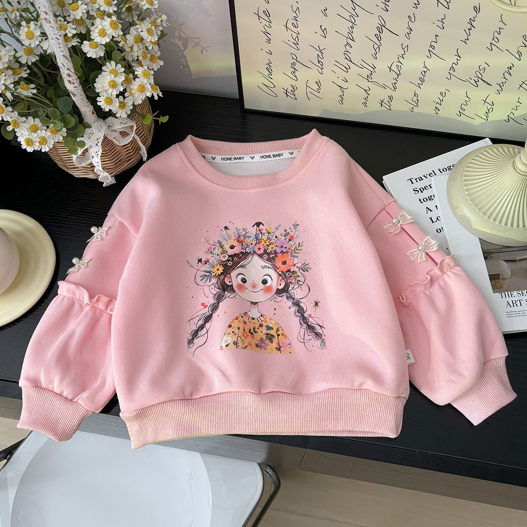 Ddmyshoesvip Girls Hoodie New Cotton Baby Princess Bow Cartoon Long Sleeved Spring And Autumn Top Round Neck Western Style