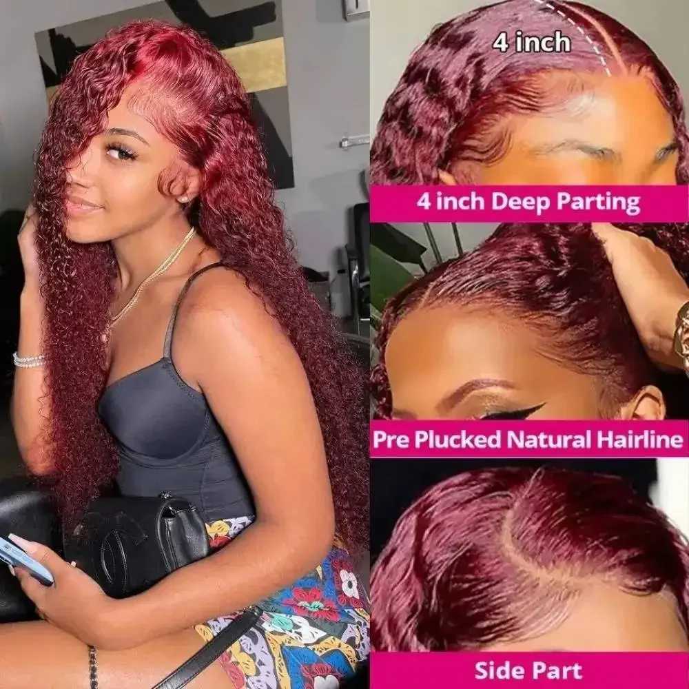 HD Transparent Lace 200 Density 13x4 13x6 Full Frontal Lace 99j Burgundy Preplucked Colored Deep Wave Frontal Human Hair Wig W251107