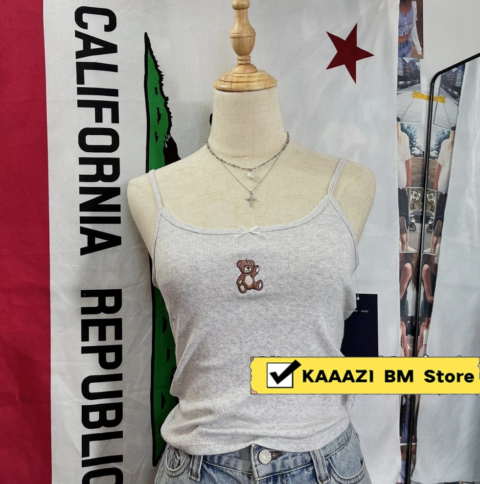 Cute teddy bear ed bow vest womens summer sleeve strapless solid retro slim crop top Y2K Versatile 250407