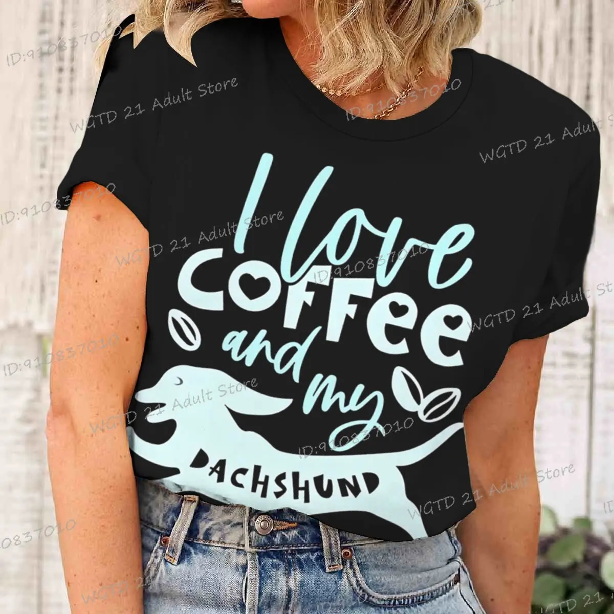 I like coffee and my sausage printed womens Tshirt Fashionable summer Oneck Harajuku top Casual fun 250407