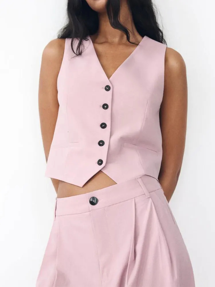 TRAFZA Womens Solid Pants Set Adjustable Straps Single Chest Vneck Tank Top High Waist Trouser Fashion Street 250313