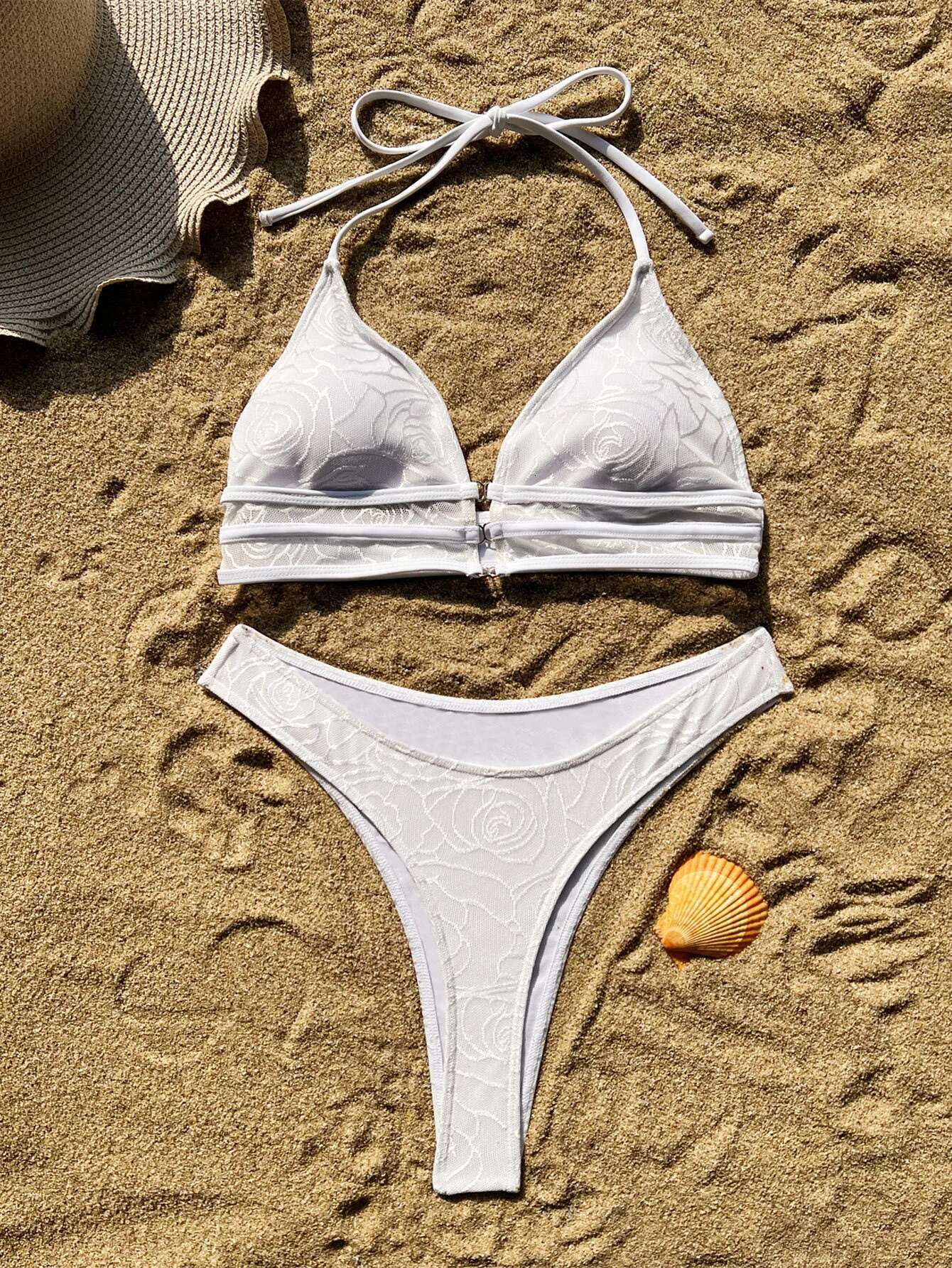 Dongdumaoyi Sexy High Waist Bikini Set Women Solid White Floral Print Mesh Metal Push Up Swimwear Beach Bathing Suit Two Piece Swimsuit