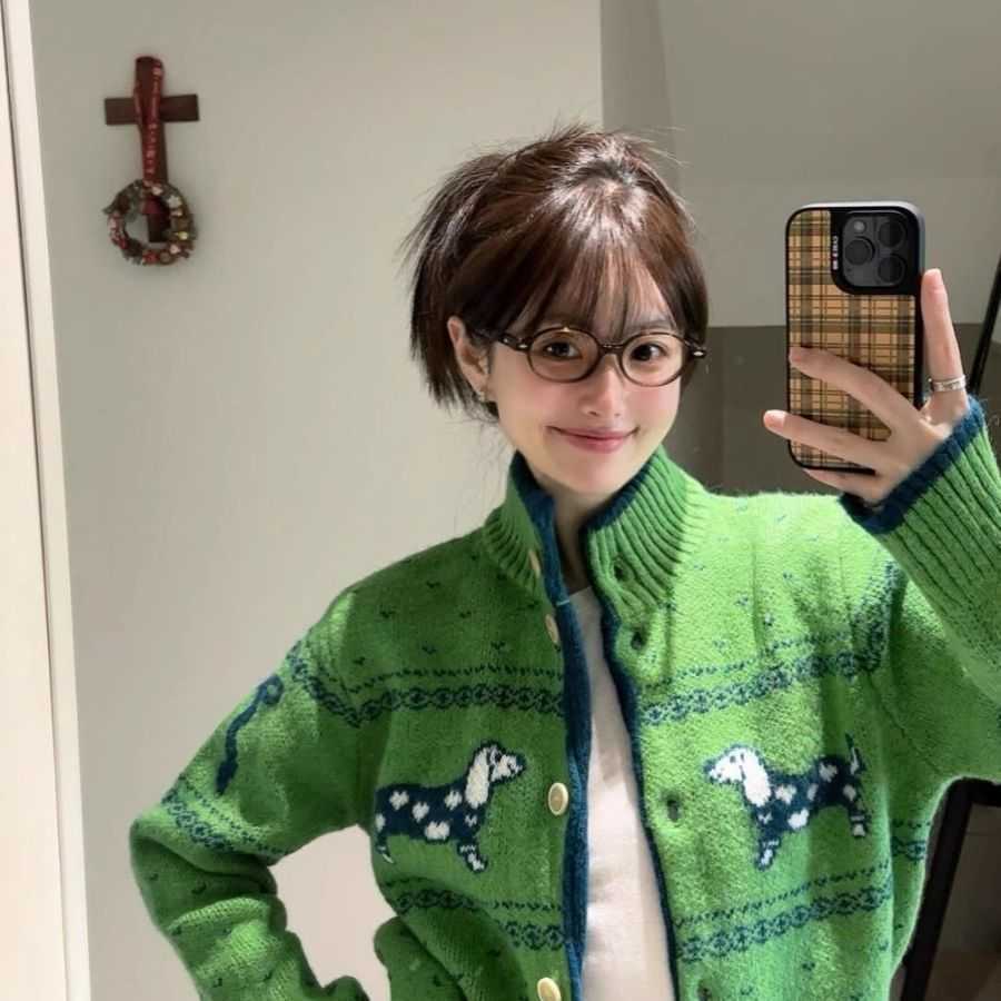 Christmas Green Sweater for Women 2025 Spring and Autumn Fair Isle Atmosphere Outfit Knitted Cardigan Coat W251107