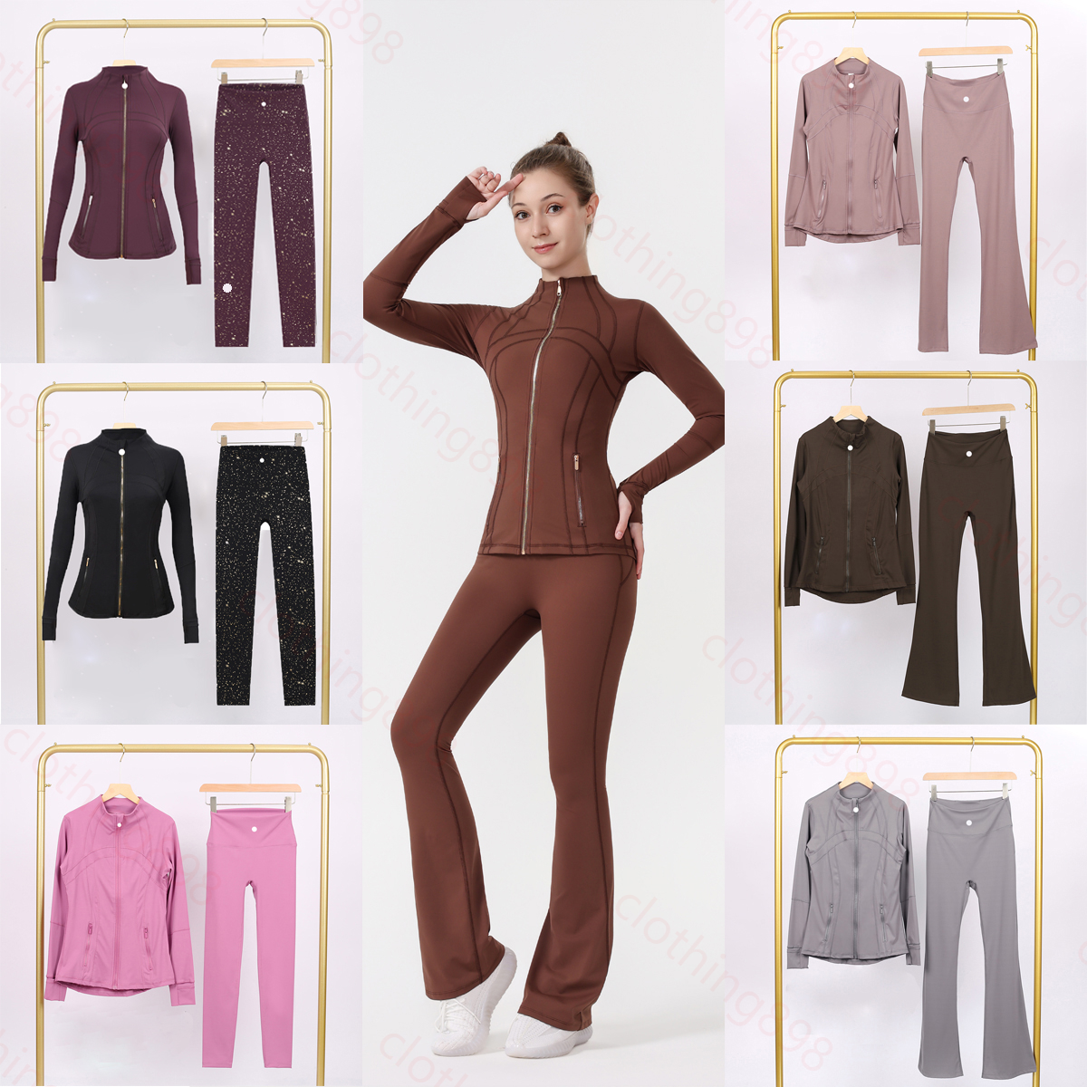 Workout set Flare Leggings & Jacket 2 Piece Yoga set High waist Tummy Control Workout Outfit Gold zipper Lounge activewear Trendy matching Gym Clothing women Summer