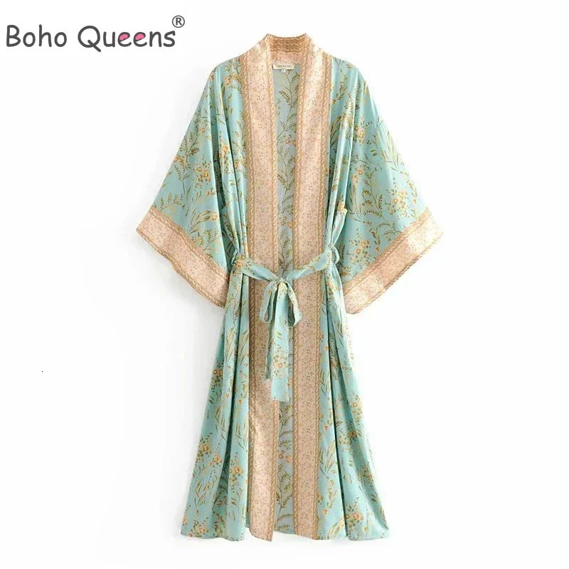 Bohemian Queen Fashion Womens Green Flower Printed Bat Sleeve Artificial Silk Beach Kimono Vneck Robe Bikini Top 250327