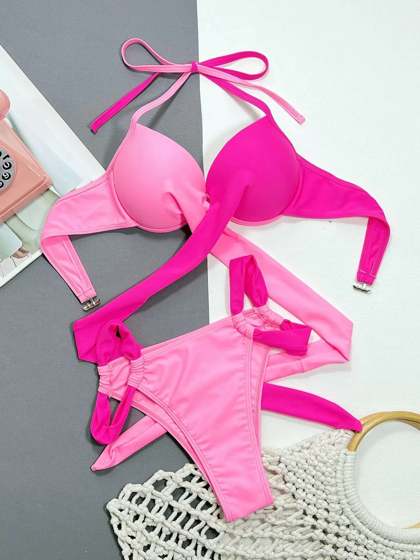 Dongdumaoyi Women S Pink Patchwork Piece Swimsuit Sexy Underwire V Neck Hard Cup Push Up Bikini Set Beach Suspender Backless Swimwear