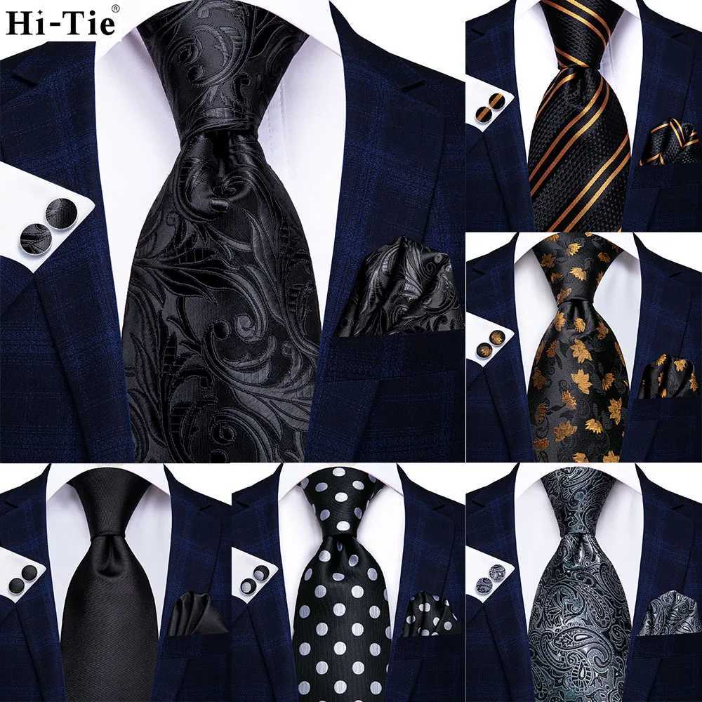 Hi-tie Design Black Solid Dot Silk Wedding Tie For Men Hanky Cufflink Gift Men Necktie Gravata Set Fashion Business Dropsing X250407