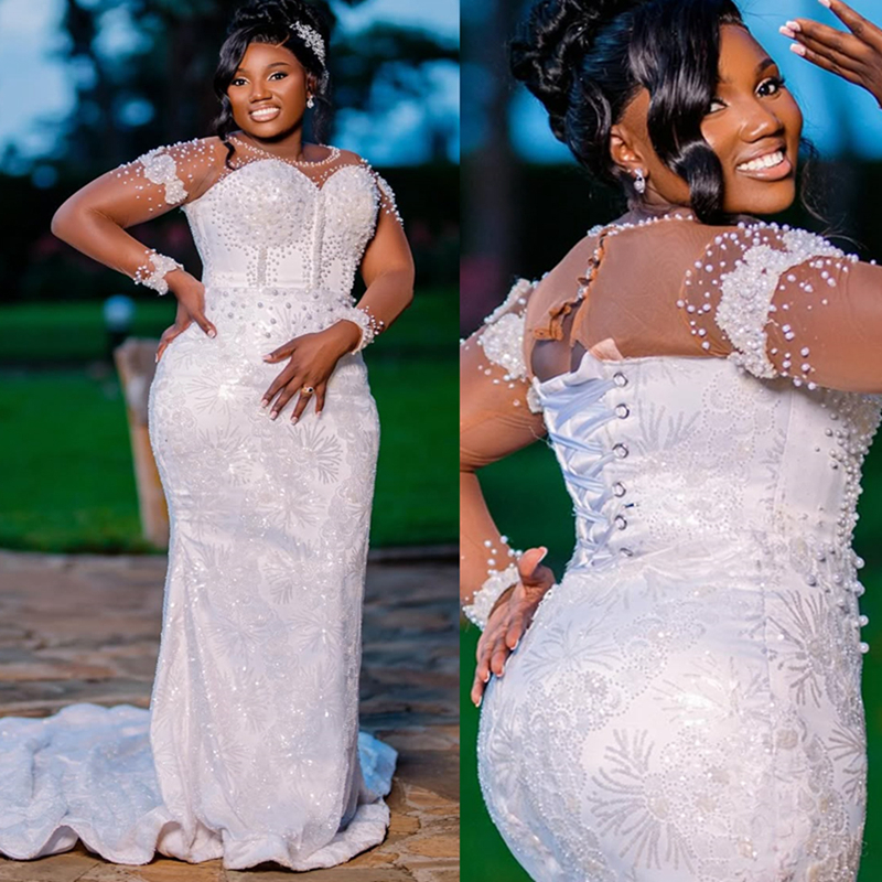 2025 Plus Size Mermaid Wedding Dress For Bride Bridal Gowns Long Sleeves Sheer Neck Long Sleeves Beaded Lace Tiered Tulle Wedding Gowns For African Bl