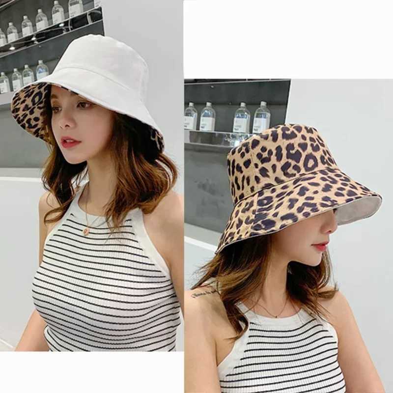 Flattop Ladies Hat Street Women Leopard Print Bucket Comfortable Breathe Foldable Beach Flat Top Sun Fishing Hats for Women Z250407