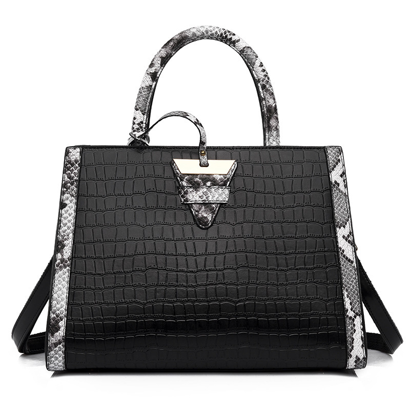 Snakeskin Pattern Design Bag For Women's Fashionable Large Capacity Tote Bag Commuting Black One-shoulder Crossbody Handbag