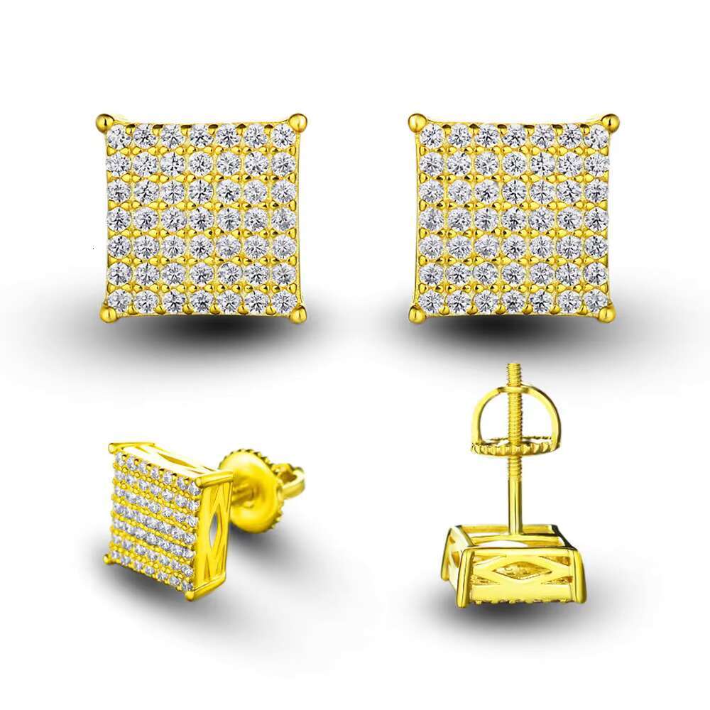Wholesale Hip Hop 18K Gold Plated Iced Out Cubic Zirconia 925 Sterling Silver Screw Back Square Stud Earrings for Men Women