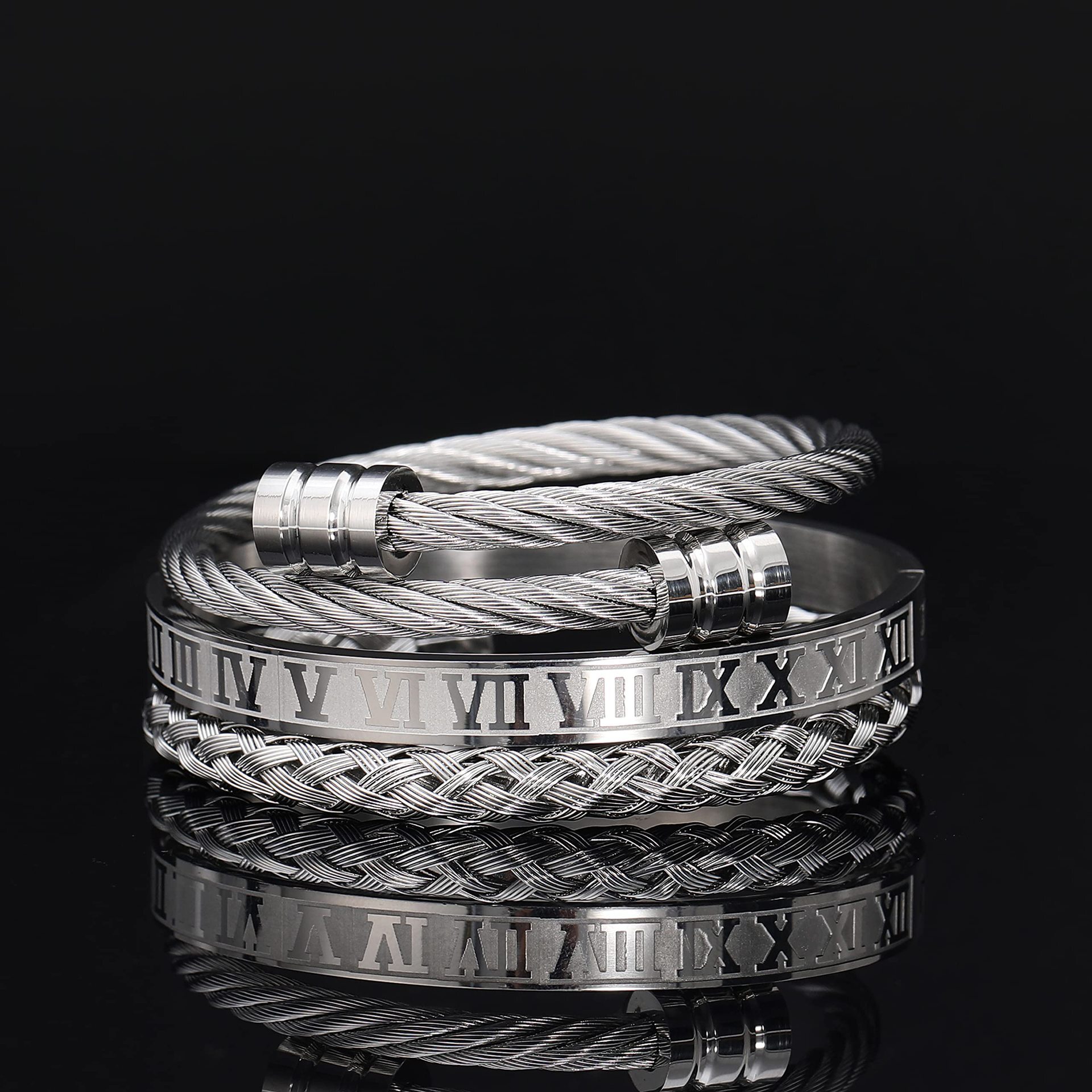 3-piece combination stainless steel woven for men, Roman numeral bracelet, twisted rope adjustable cuff bracelet