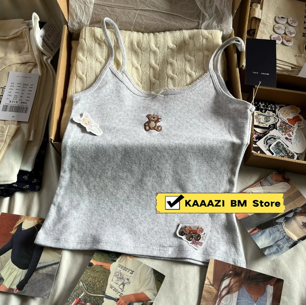 Cute teddy bear ed bow vest womens summer sleeve strapless solid retro slim crop top Y2K Versatile 250407