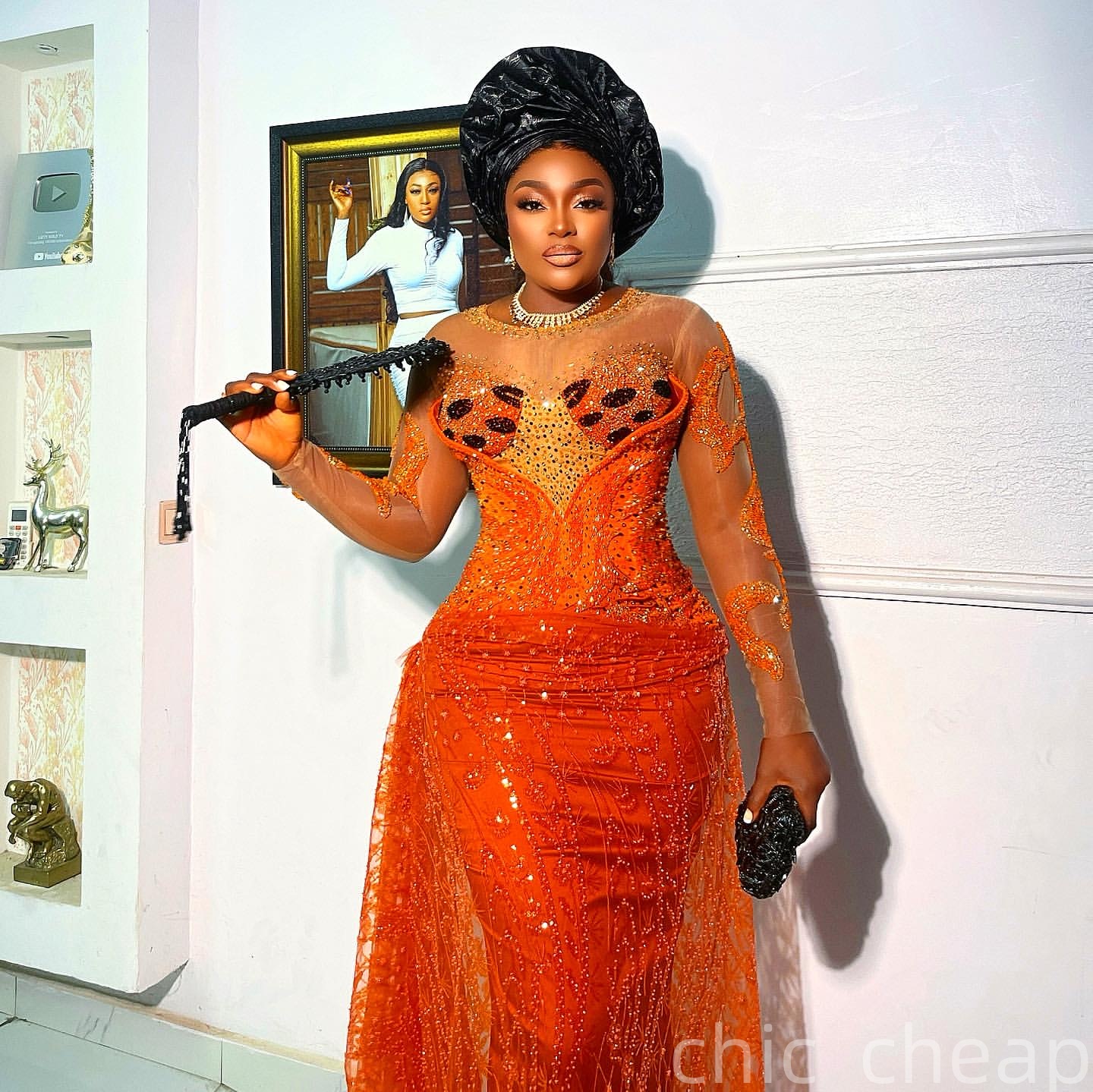 Aso Ebi Sheath Orange Prom Dresses 2026 Beaded Sheer Neck Full Sleeves Evening Formal Party Second Birthday Engagement Gowns Plus Size Dress For Speci