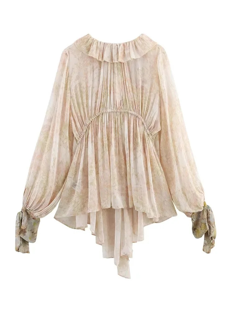 TFMLN Retro Bow Long Sleeve Womens Shirt Fashion Ruffle Printed Top Sweet Casual SpringSummer 250407