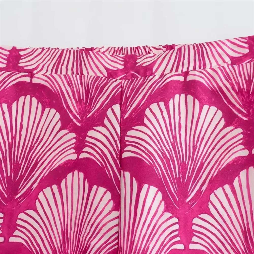 womens clothing loose fit printed silk satin texture set jacket trendy high waisted pants 250407