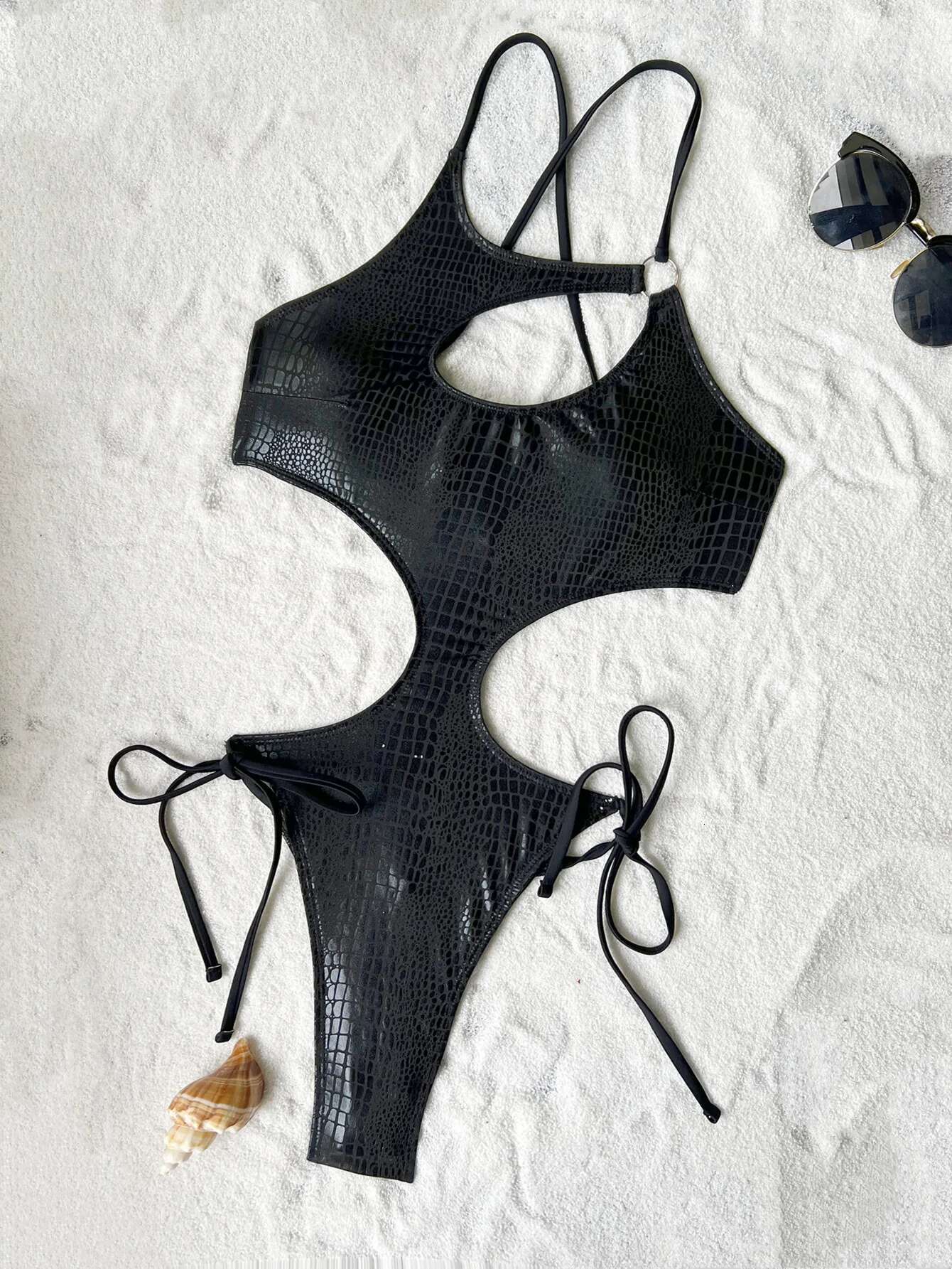 Dongdumaoyi Sexy Black Snakeskin Print Swimwear Women Hollow Out Bandage Cross Backless Thong Bikini Beach Bathing Suit One Piece Swimsuit