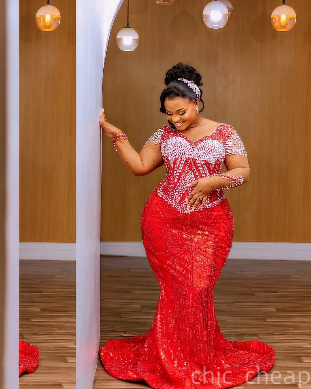 Aso Ebi Red Mermaid Prom Dresses 2026 Crystals Full Sleeves Sequined Evening Formal Party Second Birthday Engagement Gowns Plus Size Dress For Special